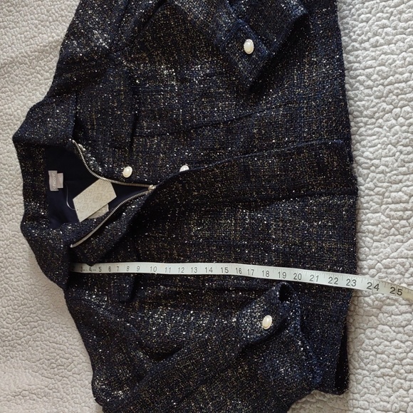 NWT Chico's Sz 2(12/14) Classic Navy Foil Tweed Long Sleeve Jacket Gold Metallic - Picture 3 of 16